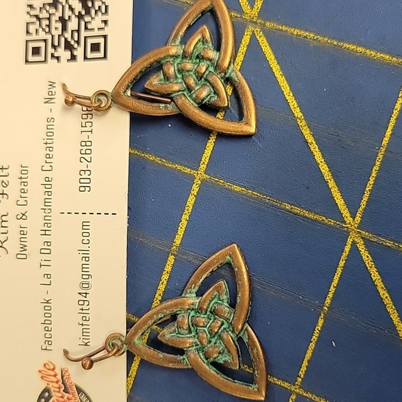 Turquoise Aged Copper Triangle Earrings - Picture 1 of 2